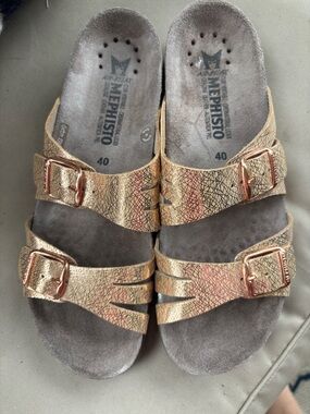 Mephisto HELISA Metallic Rose Gold Double-Buckle Sandals worn 1X France PERFECT